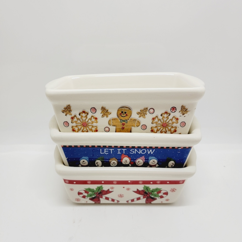 3pcs Ceramic Mini Christmas Let It Snow Ginger Bread Loaf Baking Pans Bakeware.